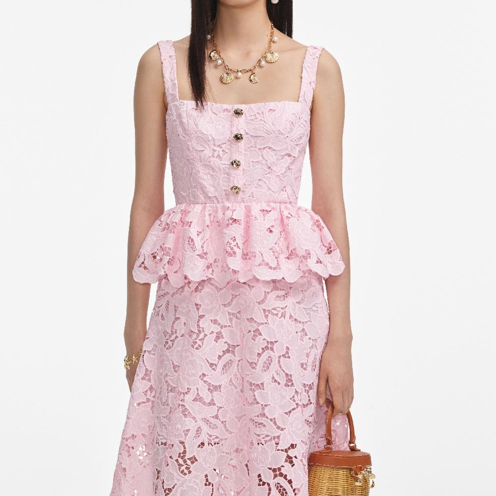 Self Portrait Pink Lace Peplum Midi Dress CLOTHING