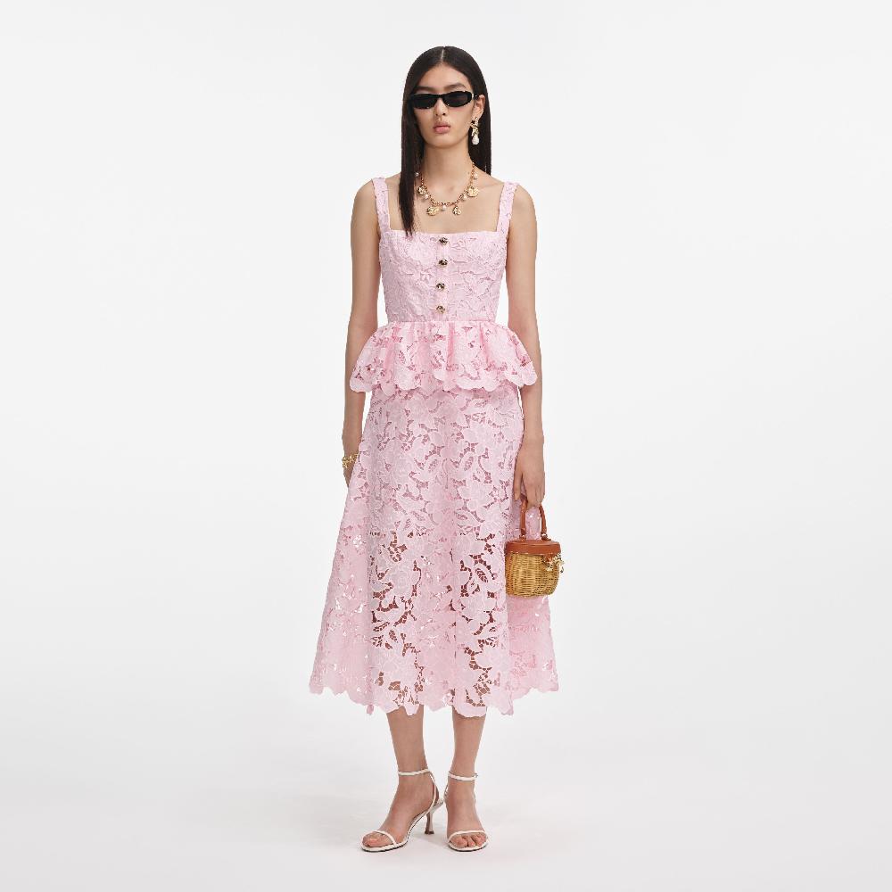 self portrait Pink Lace Peplum Midi Dress CLOTHING