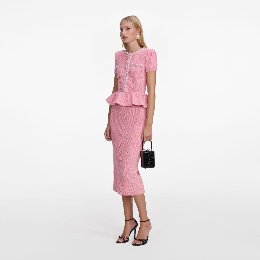 Self Portrait Pink Peplum Knit Midi Dress CLOTHING