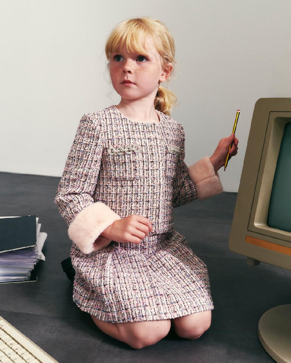 Self Portrait Pink Pleated Boucle Skirt KIDS