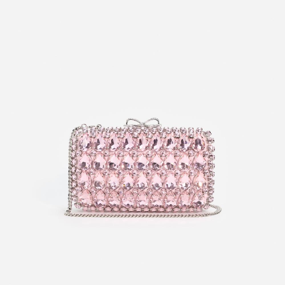 Self Portrait Pink Satin Crystal Clutch Bag BAGS