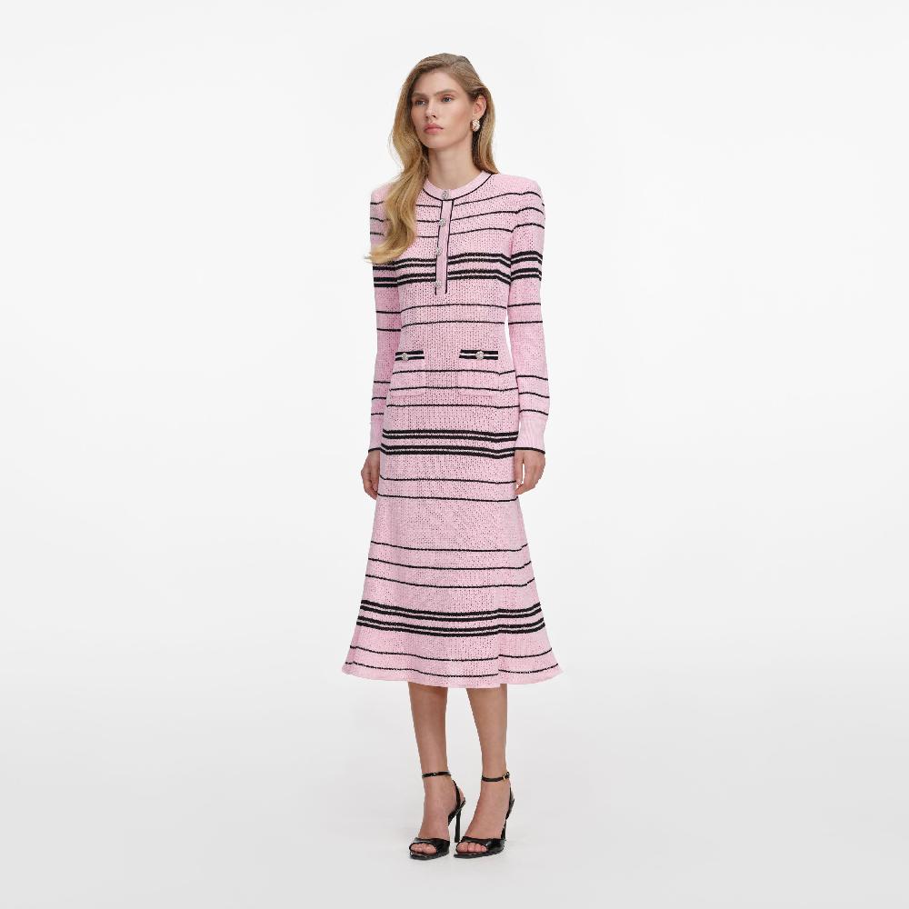 Self Portrait Pink Stripe Knit Midi Dress CLOTHING