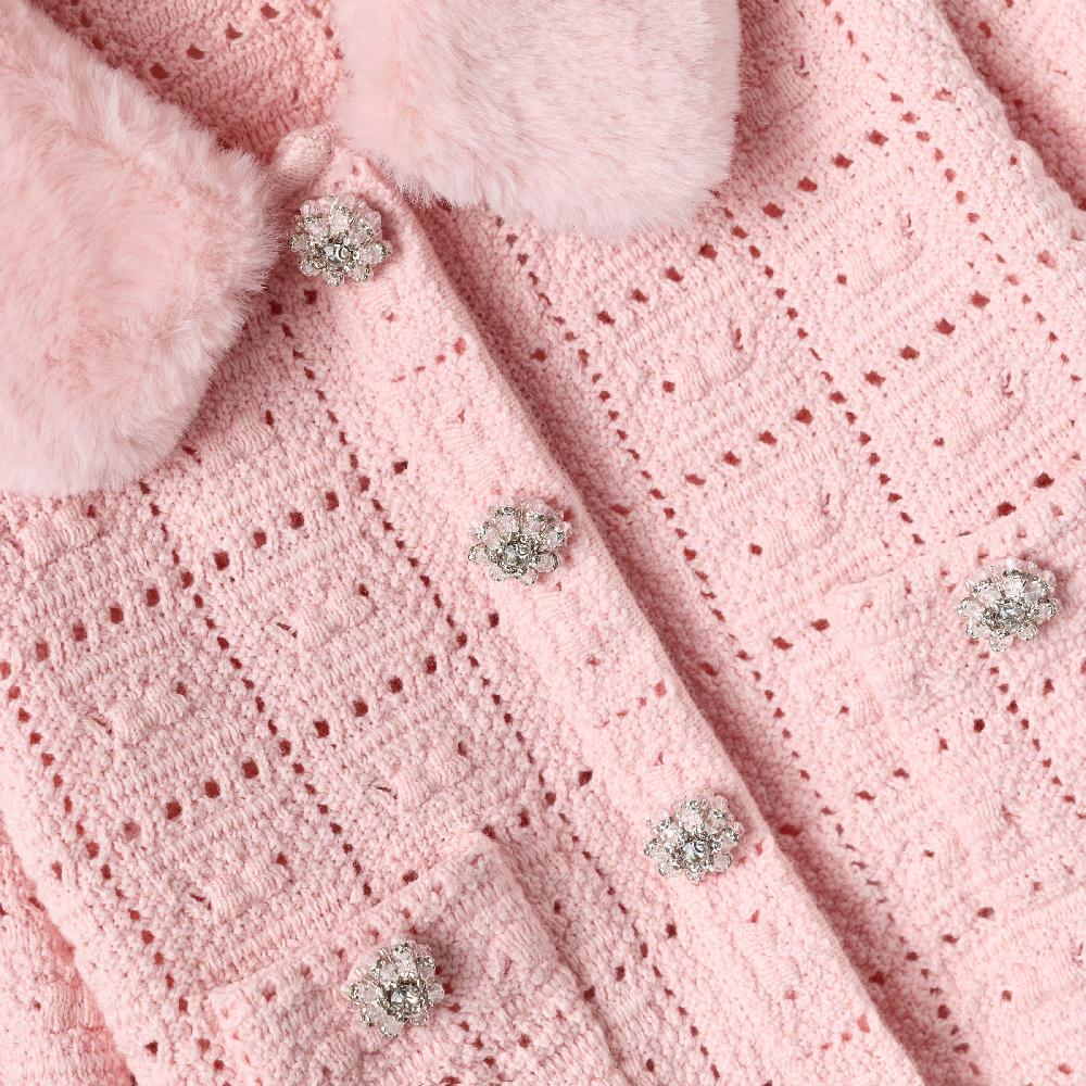 Self Portrait Pink Textured Knit Fur Cardigan KIDS
