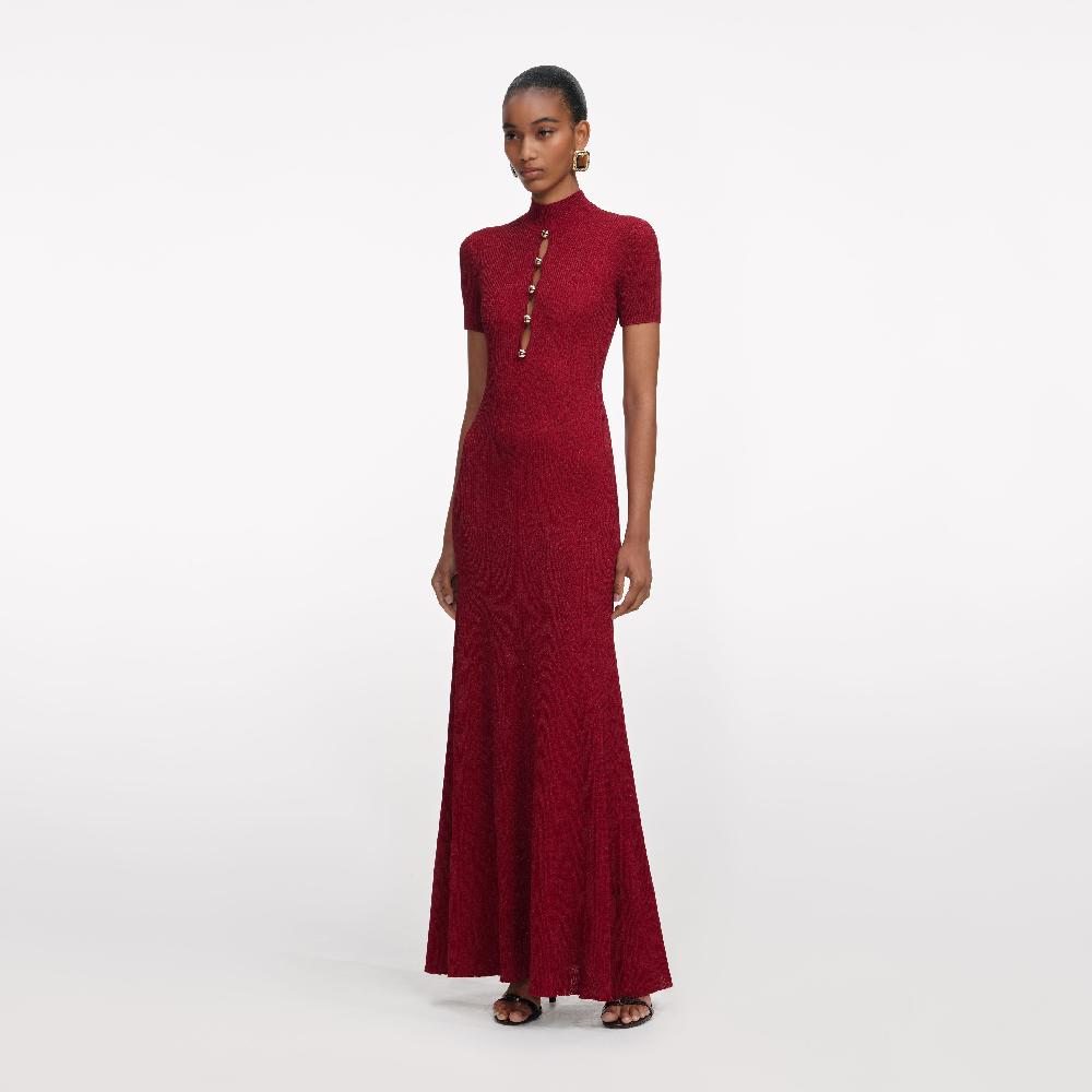 Self Portrait Red Lurex Knit Maxi Dress CLOTHING