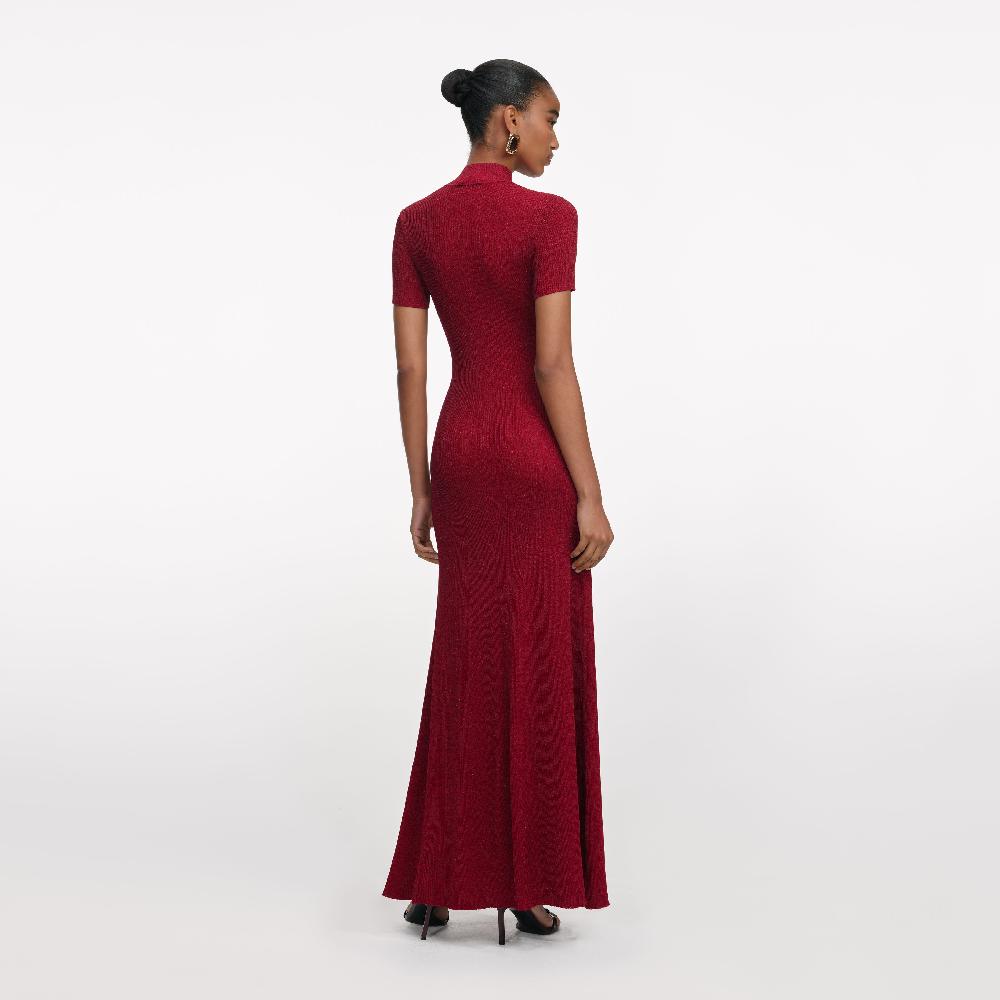Self Portrait Red Lurex Knit Maxi Dress CLOTHING