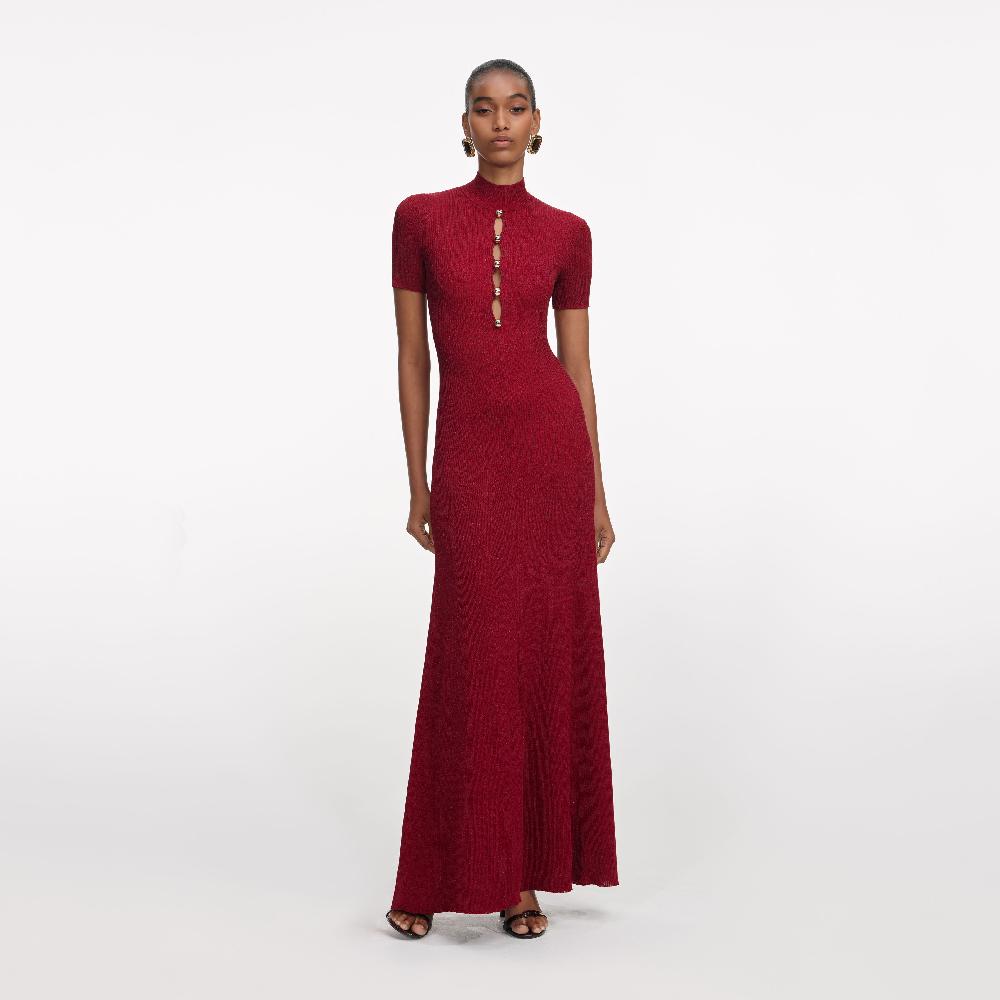 self portrait Red Lurex Knit Maxi Dress CLOTHING