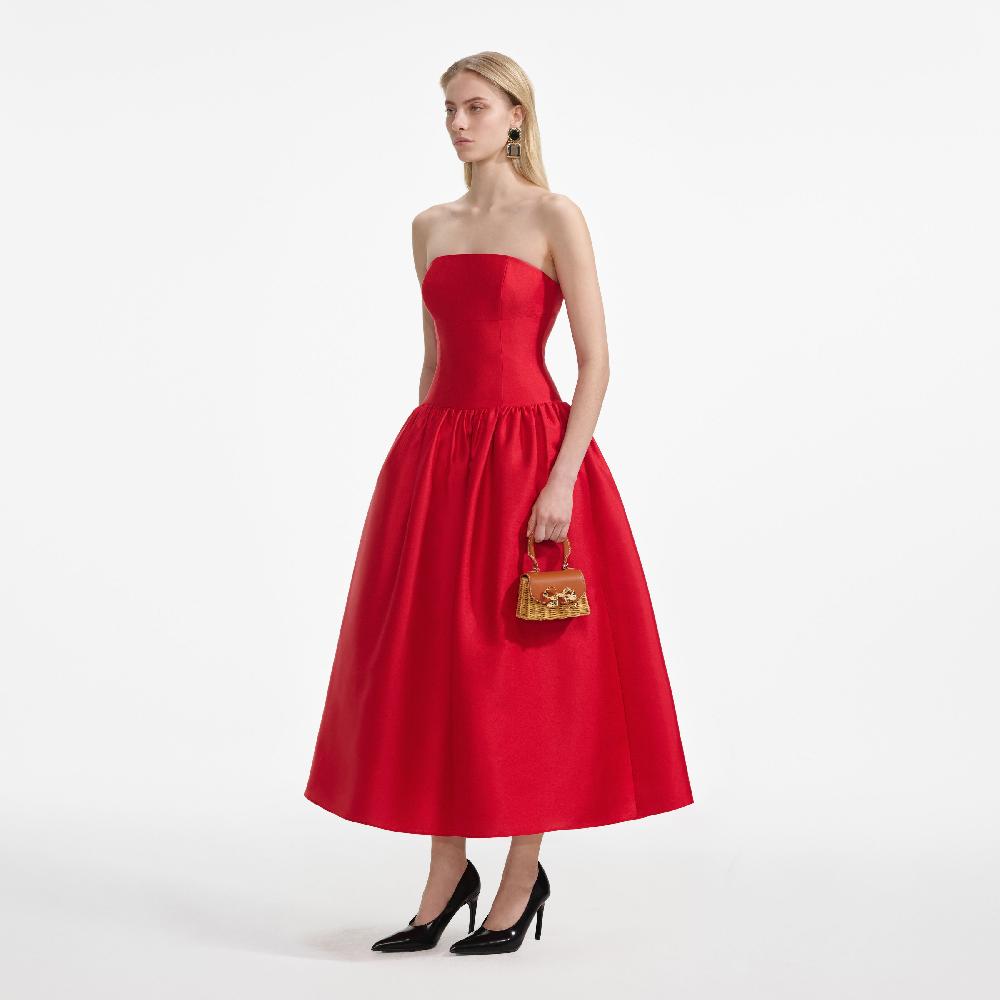 Self Portrait Red Taffeta Midi Dress CLOTHING