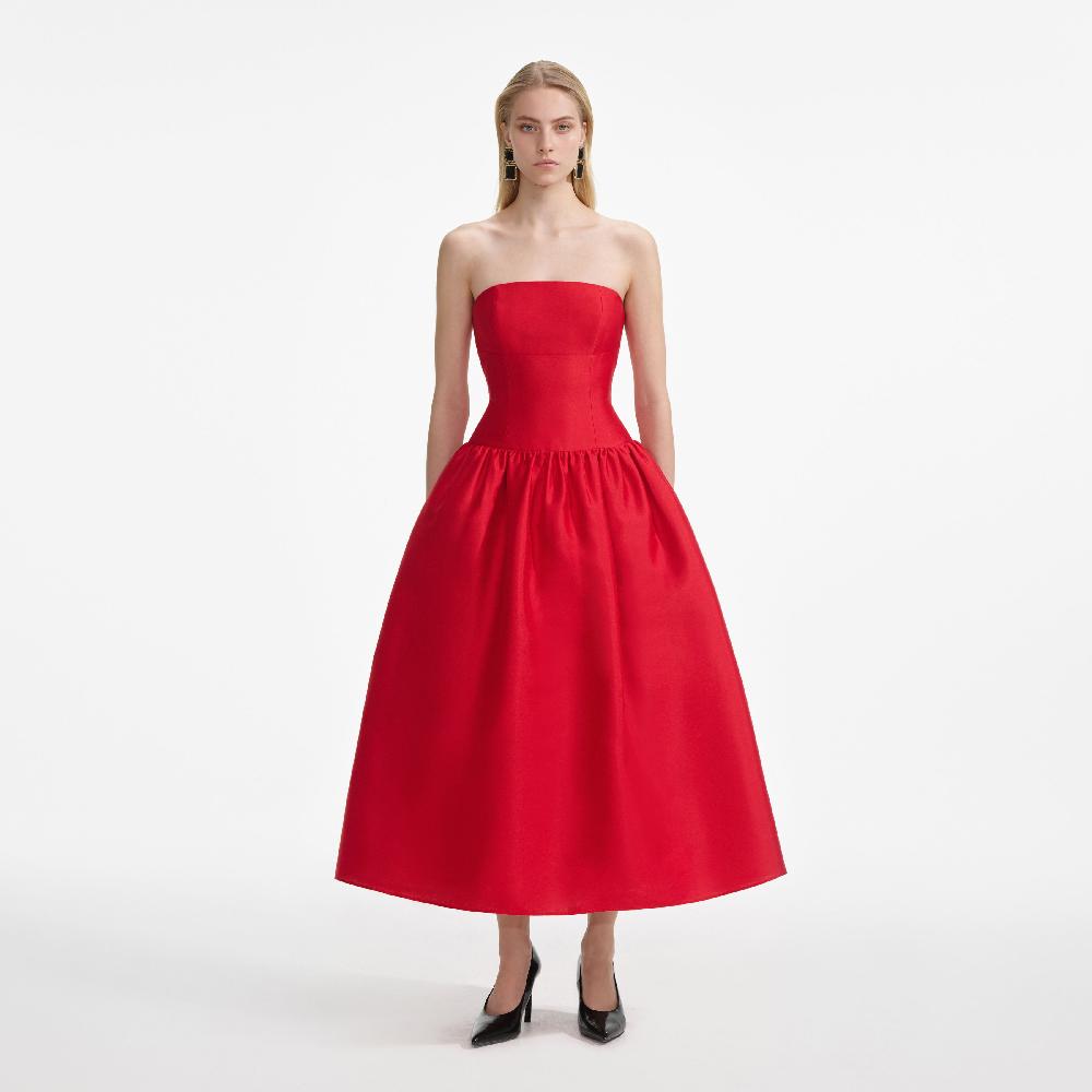 self portrait Red Taffeta Midi Dress CLOTHING