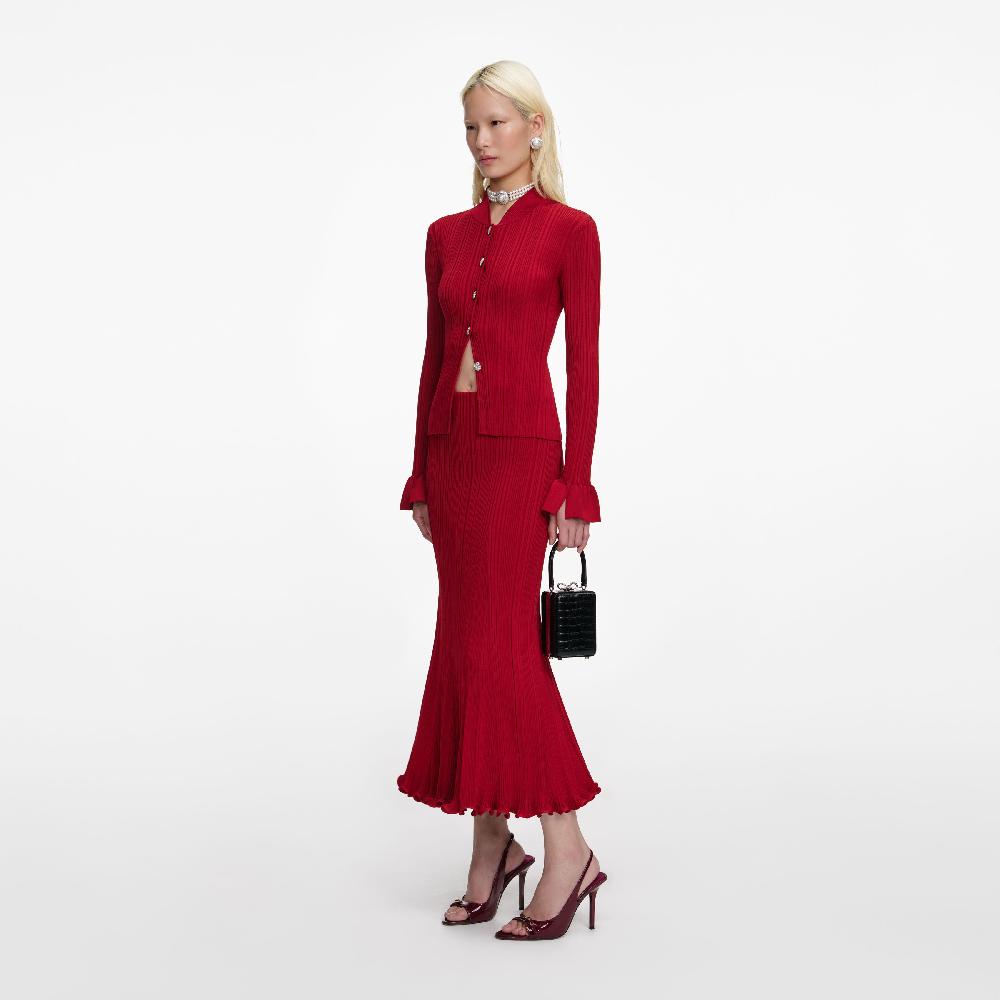 Self Portrait Red Viscose Knit Midi Skirt CLOTHING