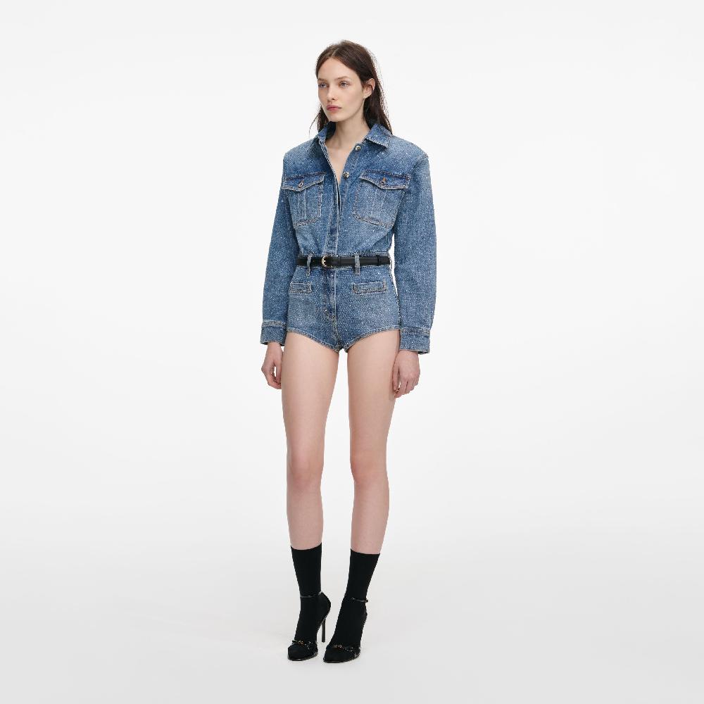 Self Portrait Rhinestone Denim Playsuit CLOTHING