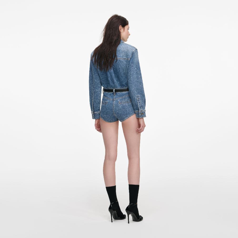 Self Portrait Rhinestone Denim Playsuit CLOTHING