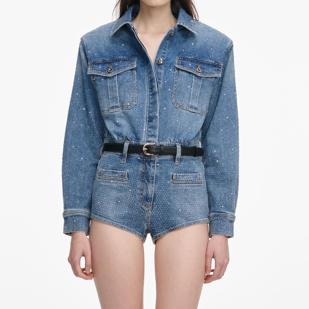 Self Portrait Rhinestone Denim Playsuit CLOTHING