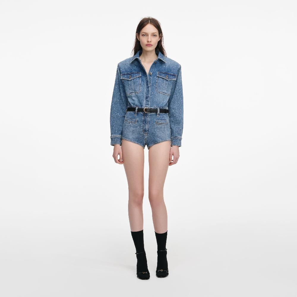 self portrait Rhinestone Denim Playsuit CLOTHING