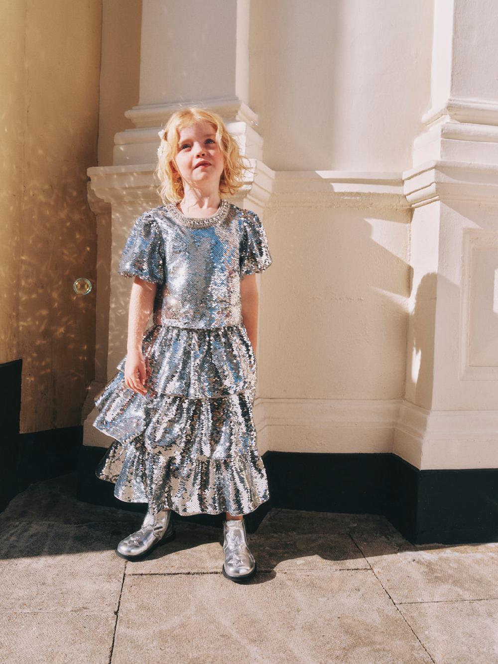 Self Portrait Silver Sequin Tiered Skirt KIDS