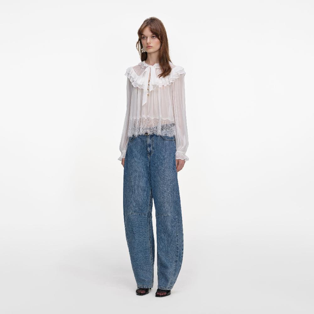 Self Portrait White Georgette Lace Blouse CLOTHING