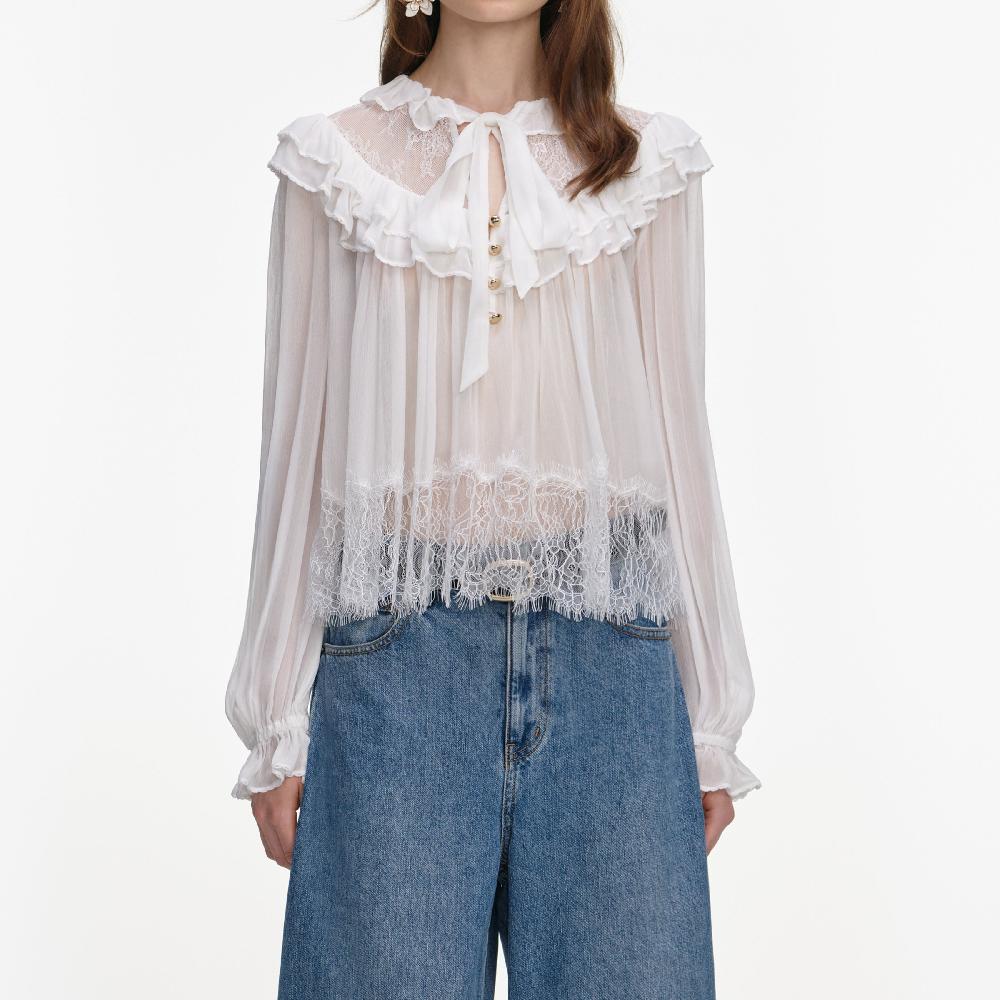Self Portrait White Georgette Lace Blouse CLOTHING
