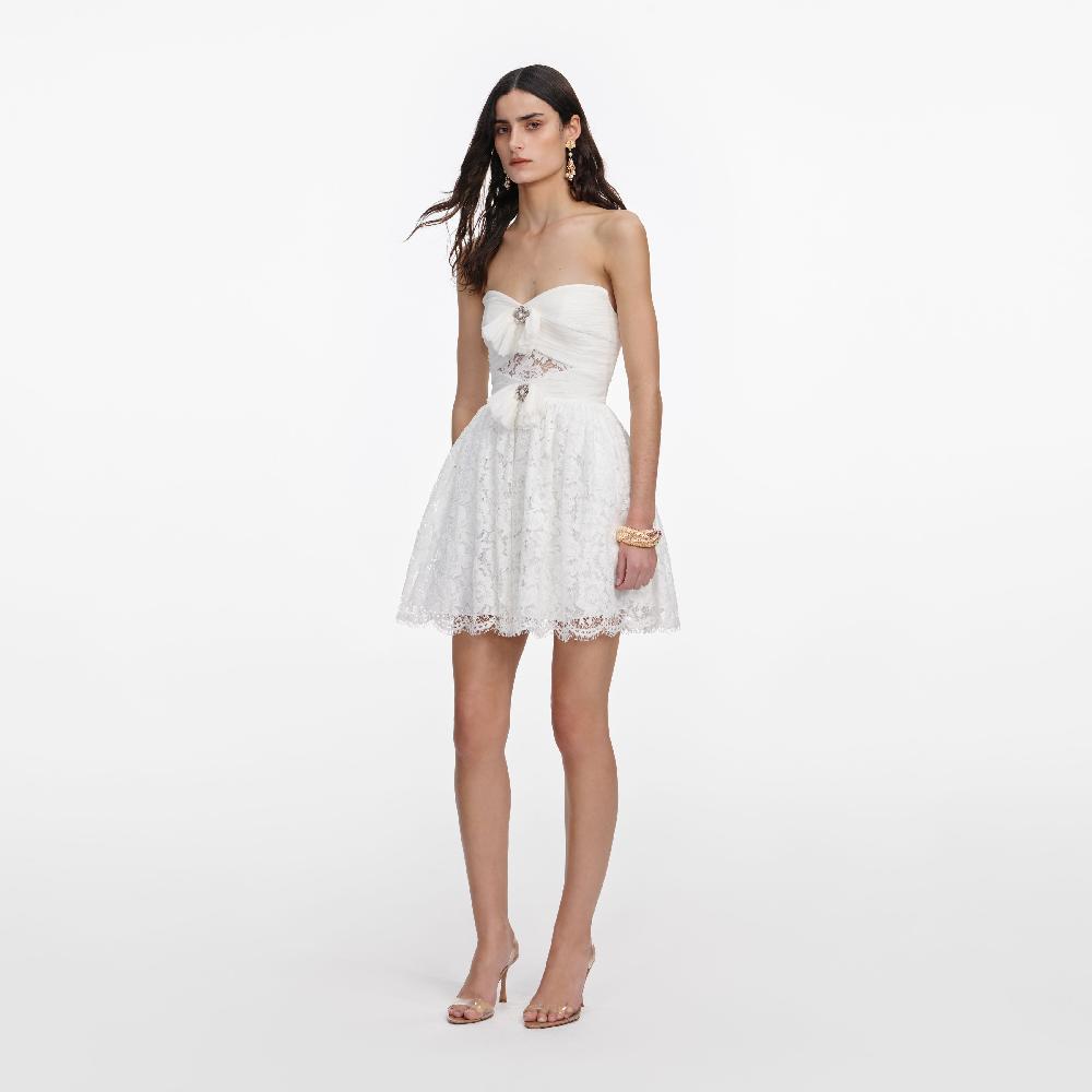 Self Portrait White Lace Bow Mini Dress CLOTHING