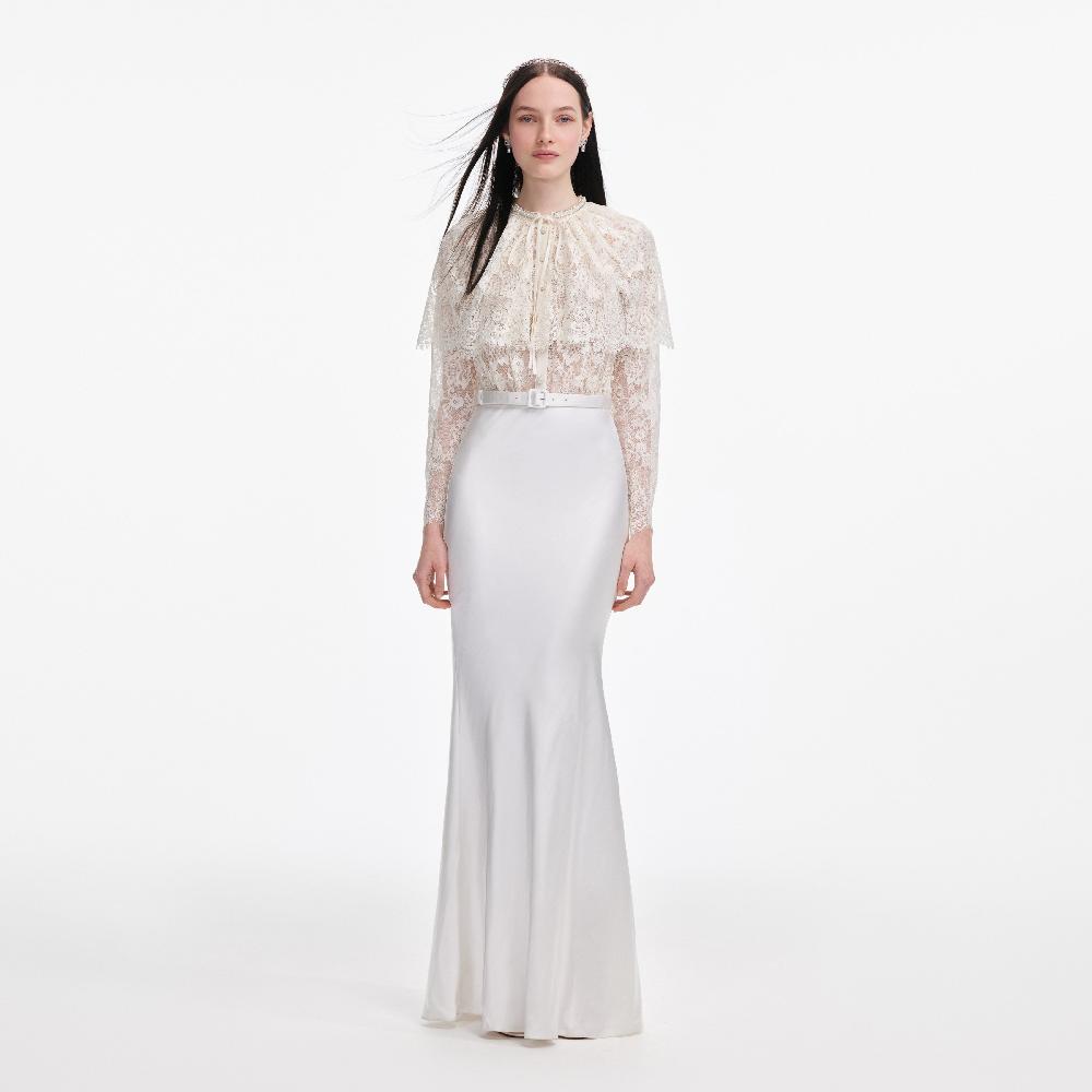 Self Portrait White Lace Cape Maxi Dress CLOTHING