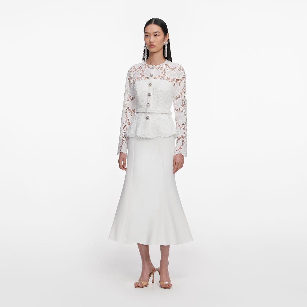 Self Portrait White Lace Crepe Midi Dress CLOTHING