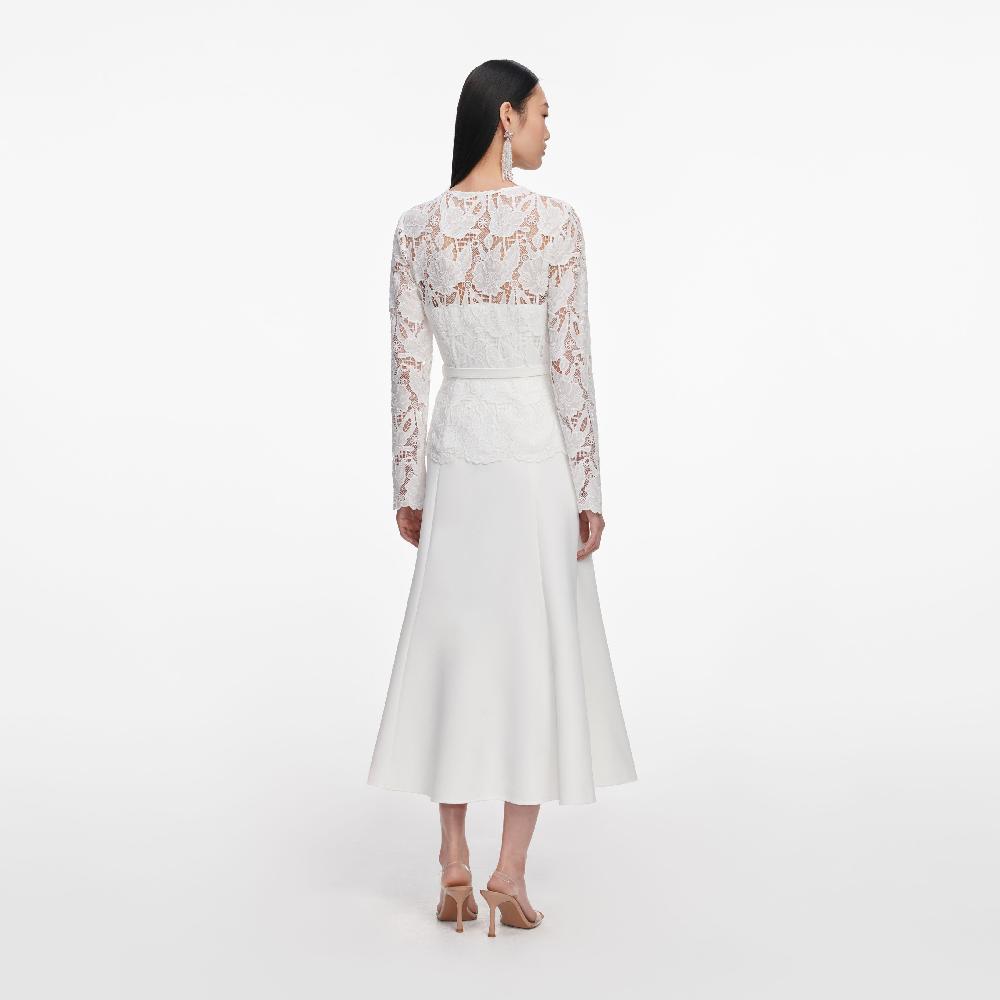 Self Portrait White Lace Crepe Midi Dress CLOTHING