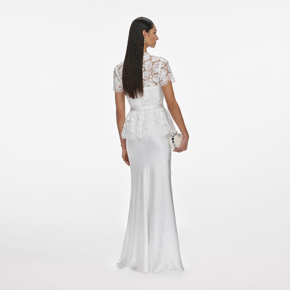 Self Portrait White Lace Satin Maxi Dress CLOTHING