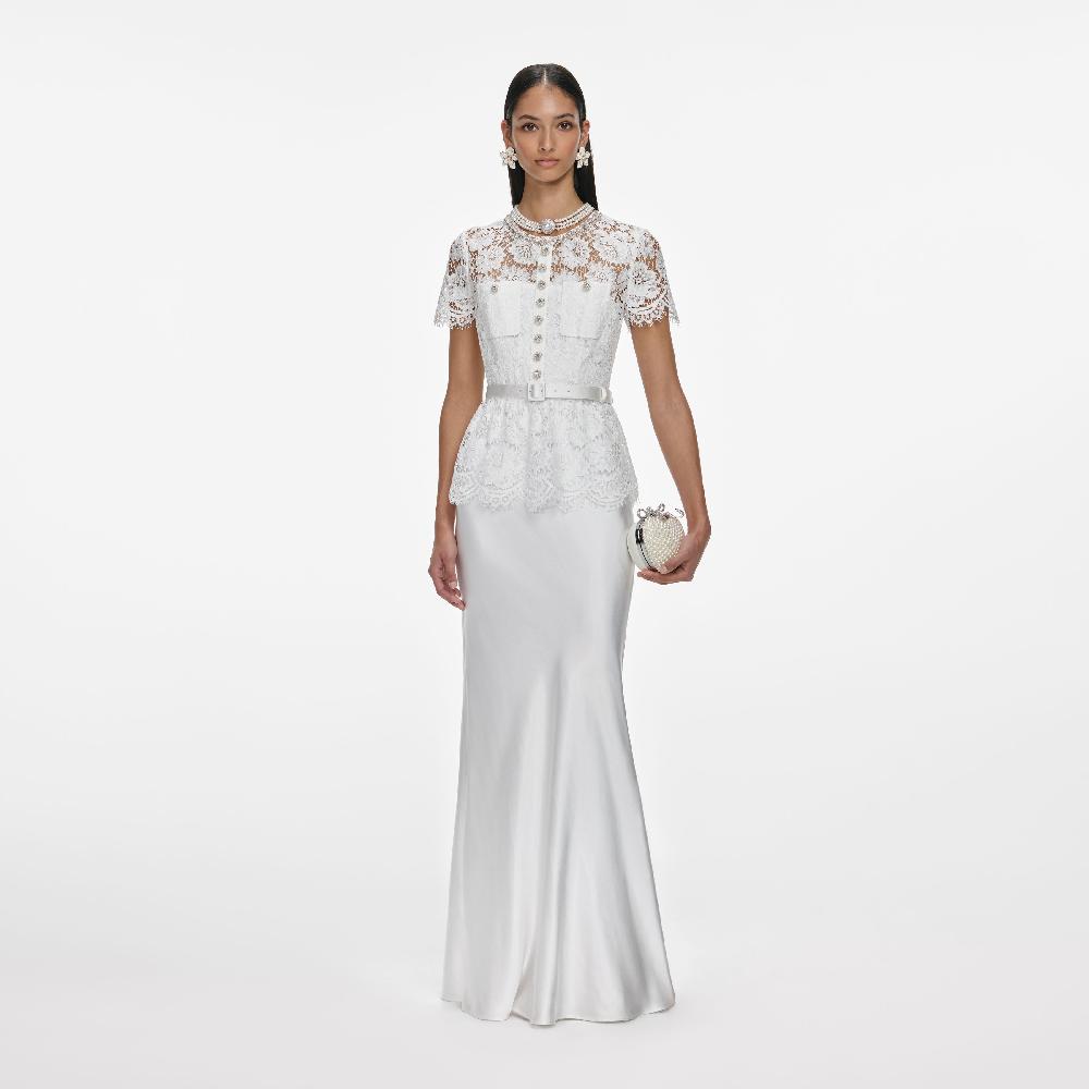 self portrait White Lace Satin Maxi Dress CLOTHING