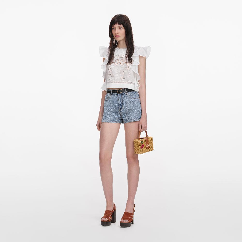 Self Portrait White Ramie Lace Frill Top CLOTHING