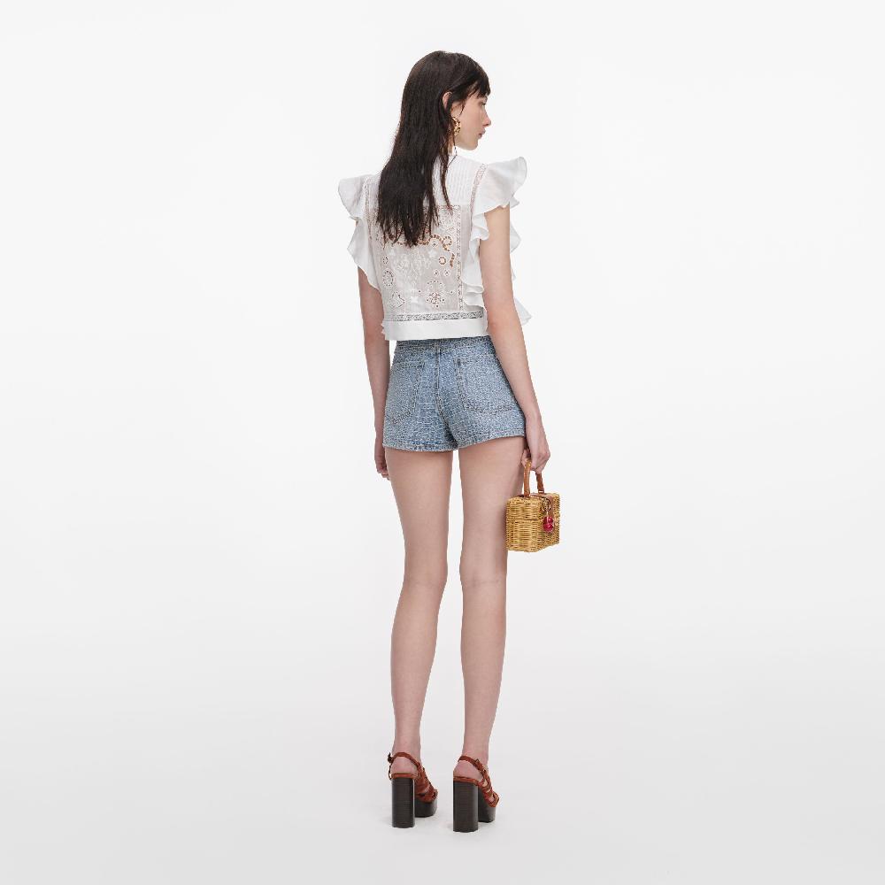 Self Portrait White Ramie Lace Frill Top CLOTHING