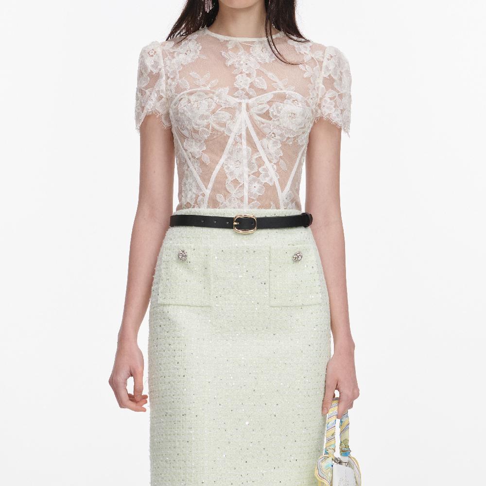 Self Portrait White Sequin Lace Top CLOTHING