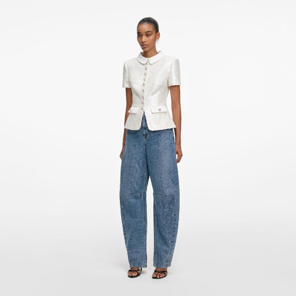 Self Portrait White Sequin Tailored Top CLOTHING