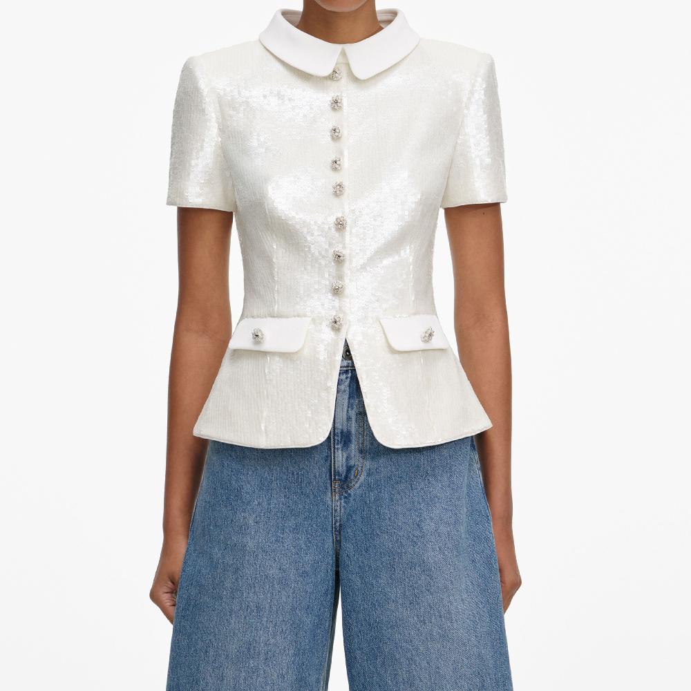 Self Portrait White Sequin Tailored Top CLOTHING