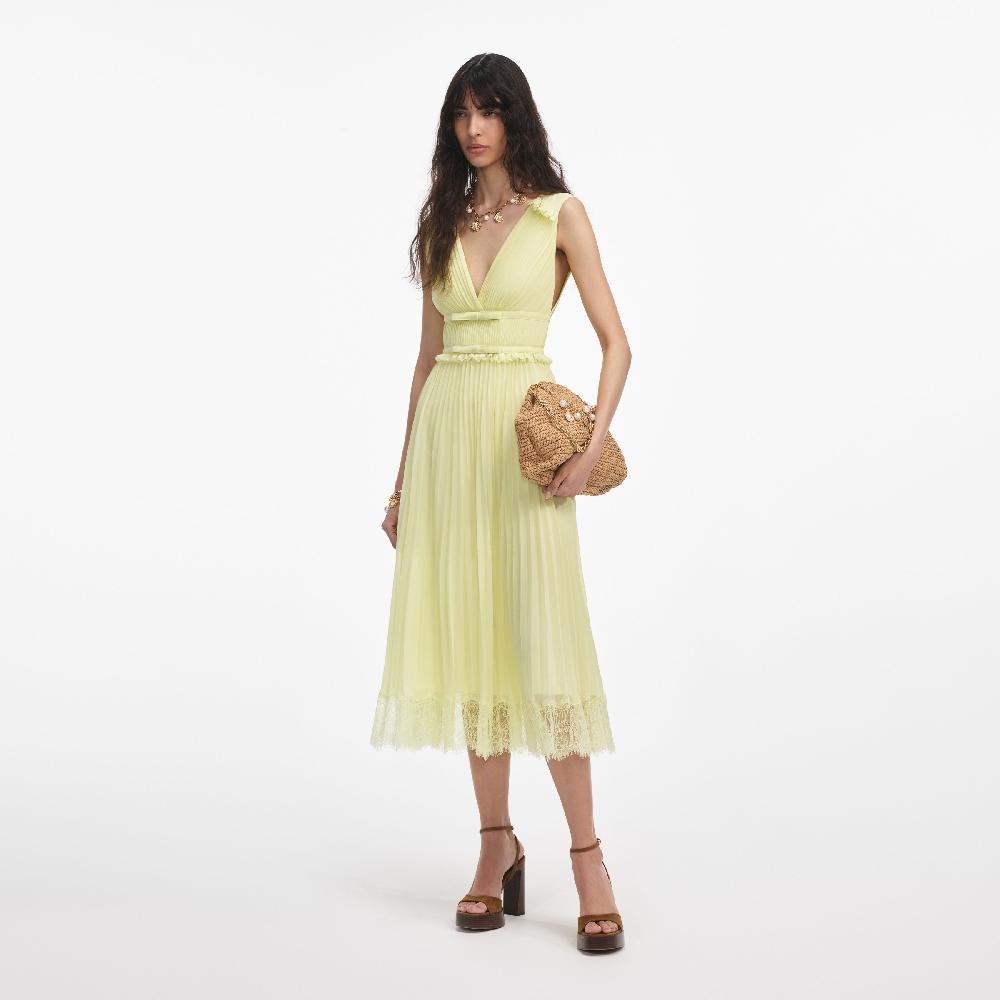Self Portrait Yellow Chiffon Midi Dress CLOTHING