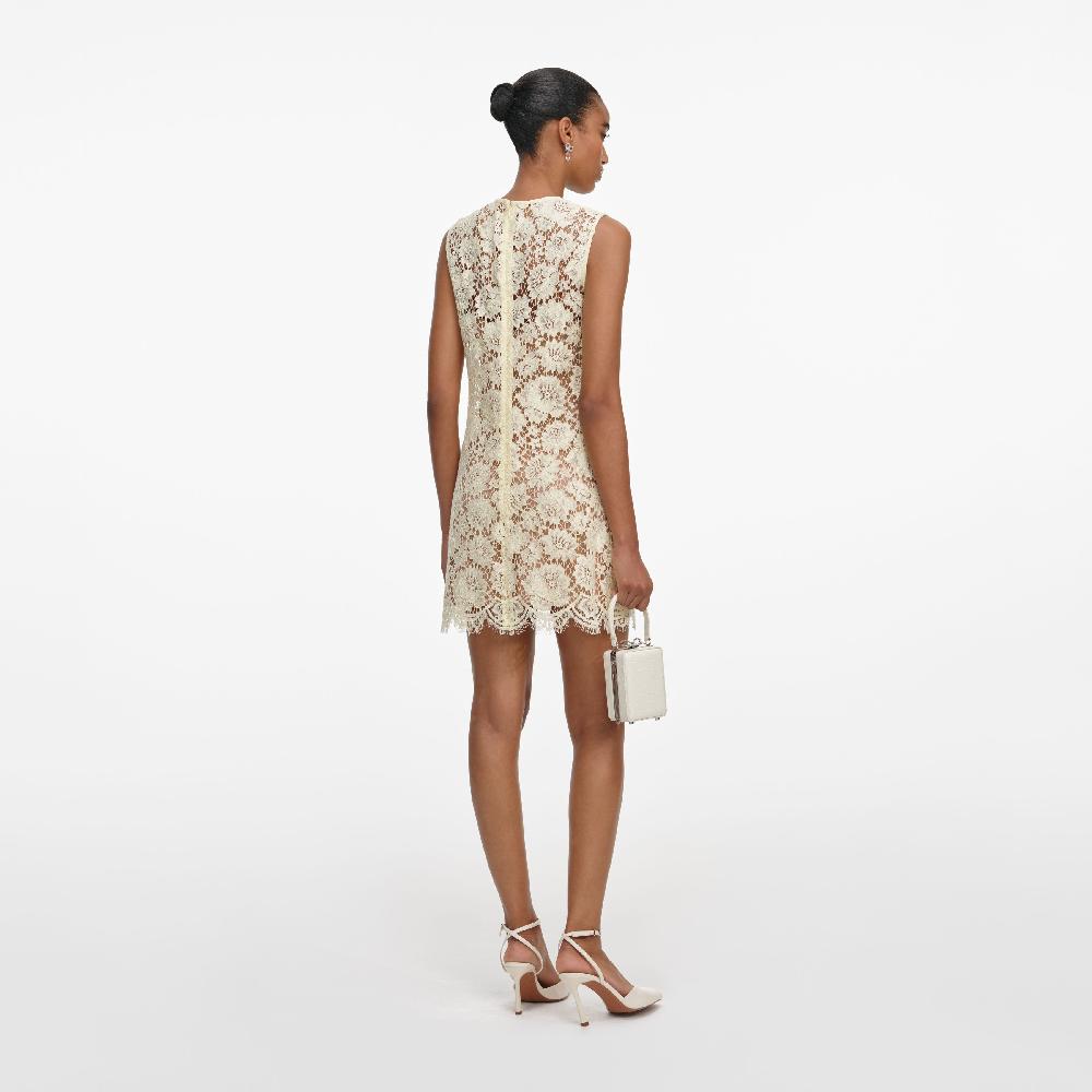 Self Portrait Yellow Fine Lace Mini Dress CLOTHING