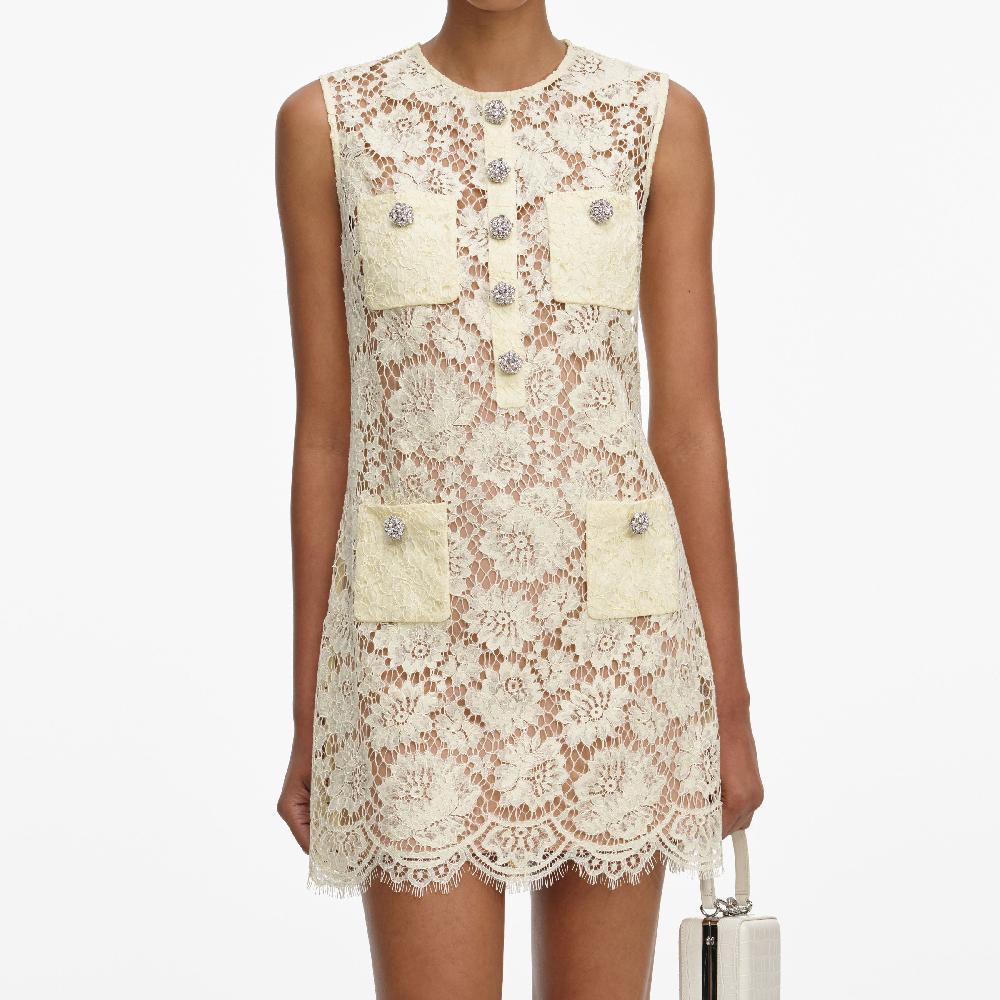 Self Portrait Yellow Fine Lace Mini Dress CLOTHING