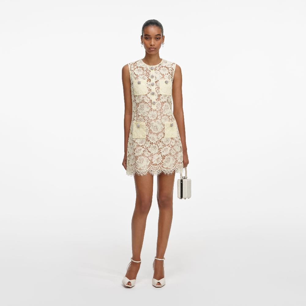 self portrait Yellow Fine Lace Mini Dress CLOTHING