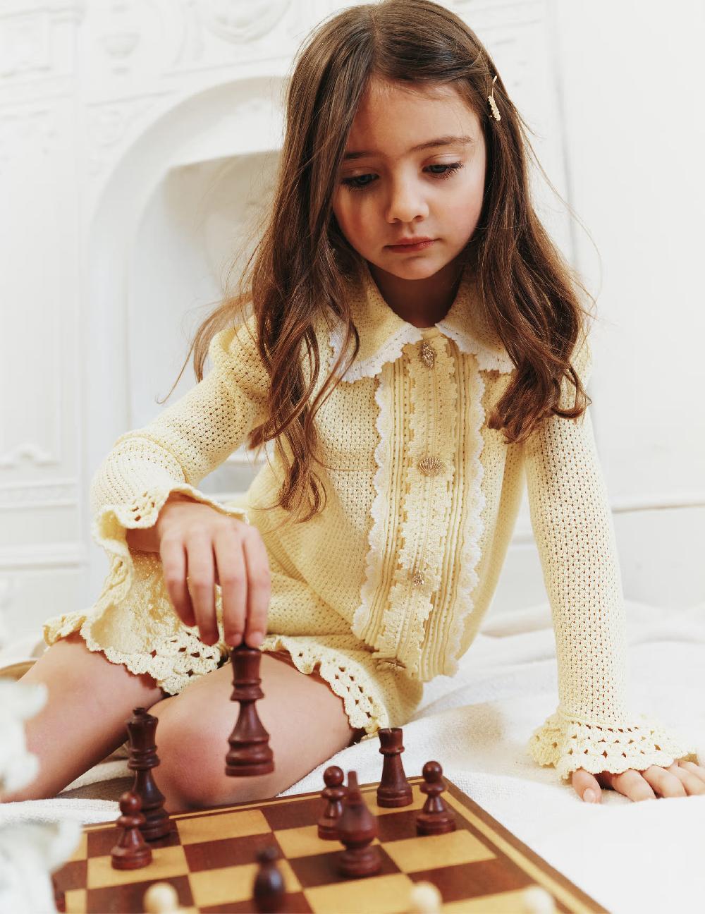 Self Portrait Yellow Pointelle Frill Cardigan KIDS