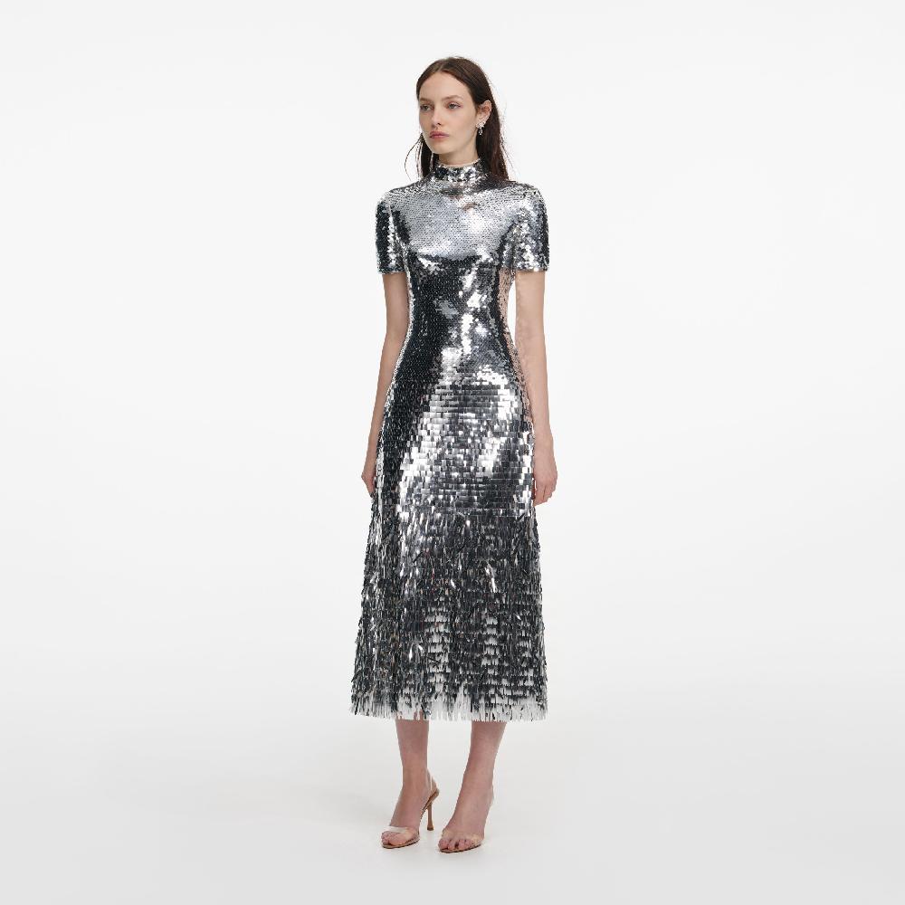 Self Portrait Silver Gradient Sequin Midi Dress CLOTHING