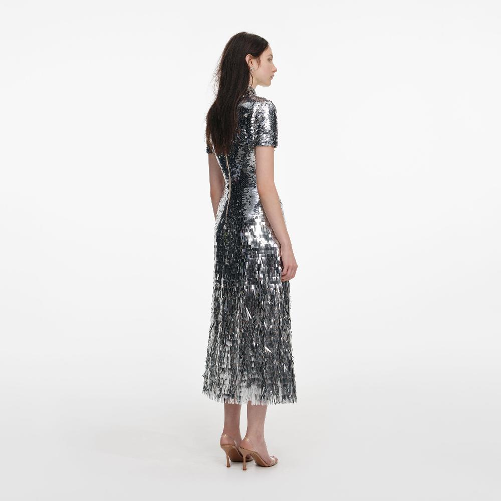 Self Portrait Silver Gradient Sequin Midi Dress CLOTHING