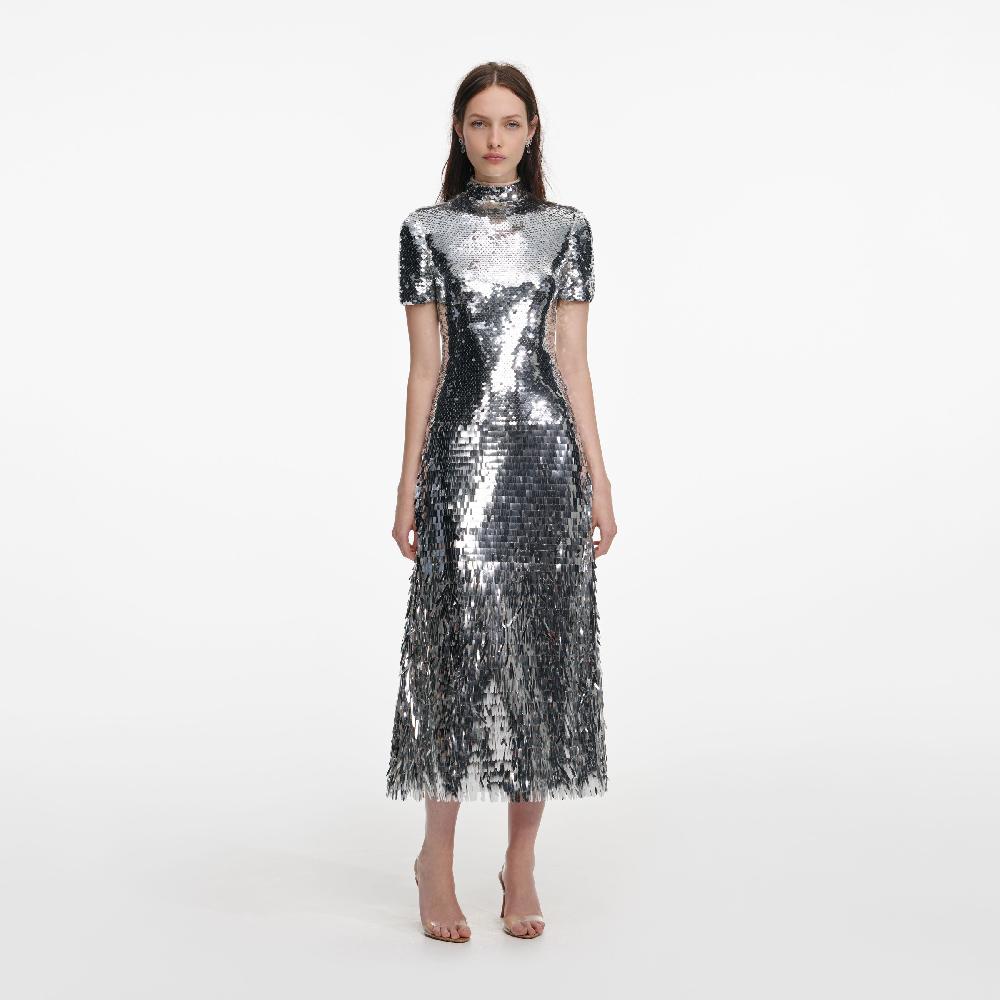 self portrait Silver Gradient Sequin Midi Dress CLOTHING