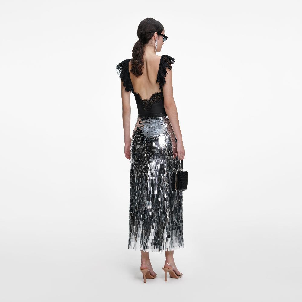 Self Portrait Silver Gradient Sequin Midi Skirt CLOTHING