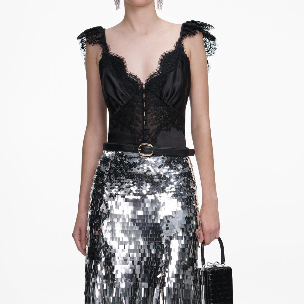 Self Portrait Silver Gradient Sequin Midi Skirt CLOTHING