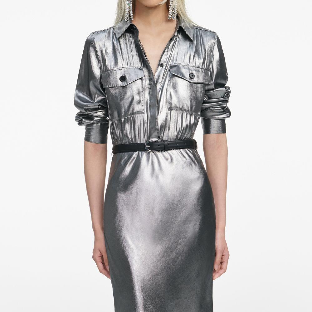Self Portrait Silver Metallic Crinkle Maxi Dress CLOTHING