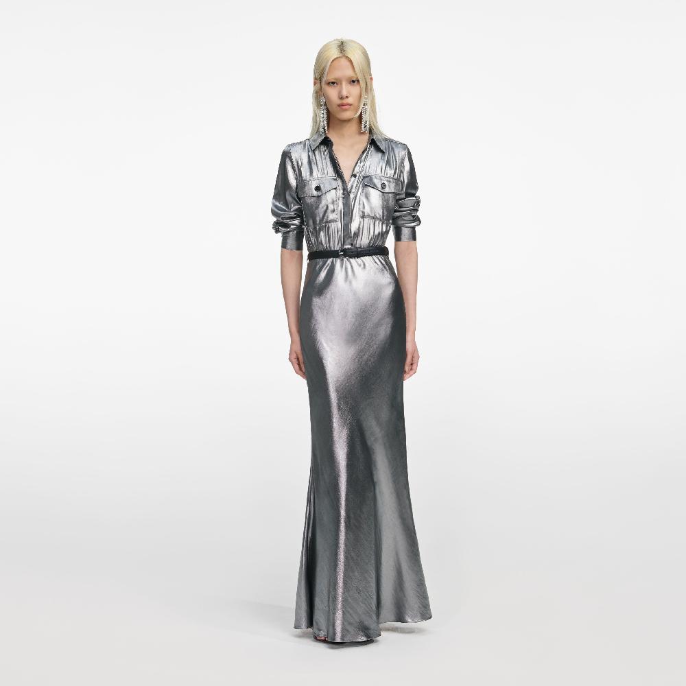 Self Portrait Silver Metallic Crinkle Maxi Dress CLOTHING