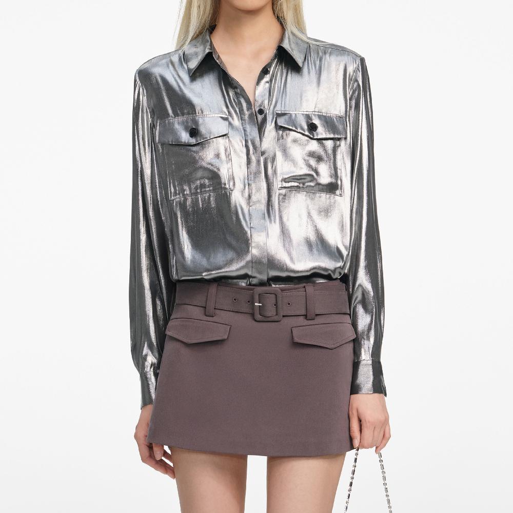 Self Portrait Silver Metallic Crinkle Shirt CLOTHING