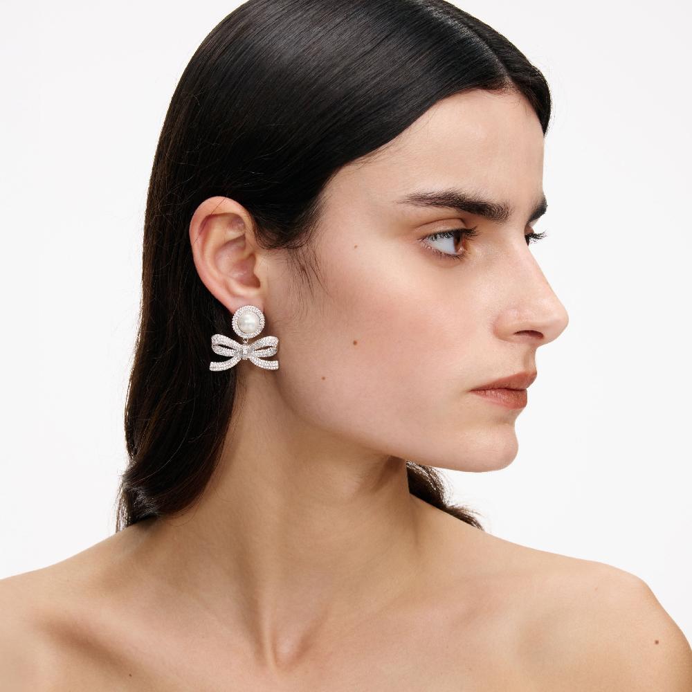 Self Portrait Silver Pearl Bow Drop Earrings JEWELLERY