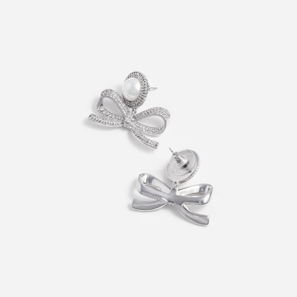 Self Portrait Silver Pearl Bow Drop Earrings JEWELLERY