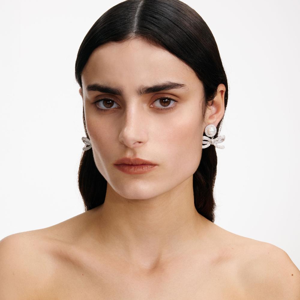 Self Portrait Silver Pearl Bow Drop Earrings JEWELLERY