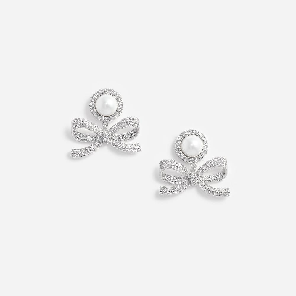 self portrait Silver Pearl Bow Drop Earrings JEWELLERY