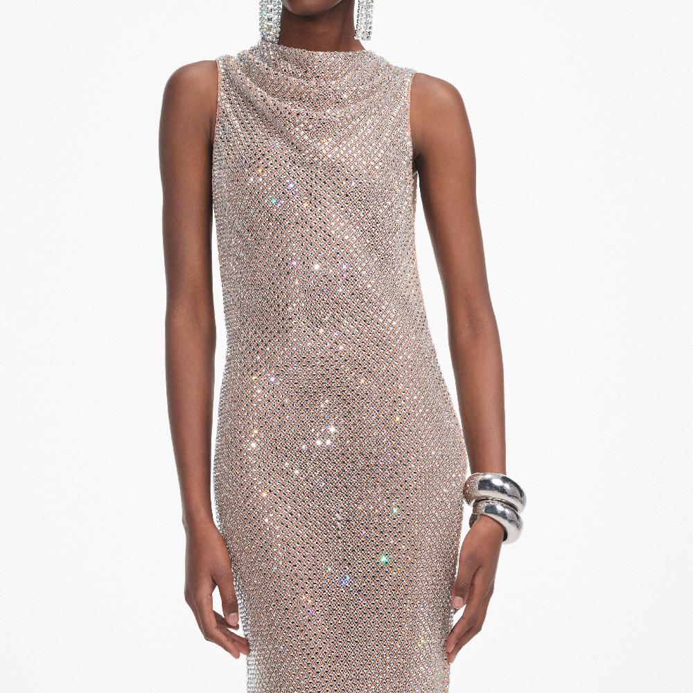 Self Portrait Silver Rhinestone Drape Maxi Dress CLOTHING