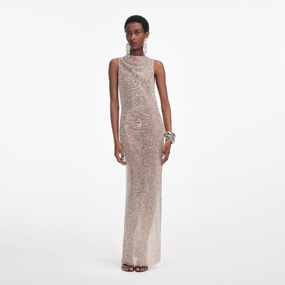 self portrait Silver Rhinestone Drape Maxi Dress CLOTHING